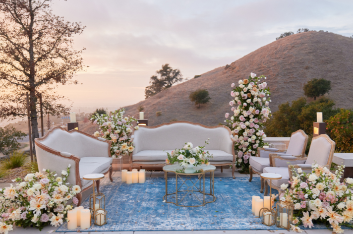 Romantic lounge set up with sunset background