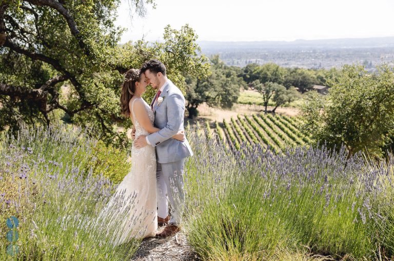 wedding couple taking photo in lavender at paradise ridge winery